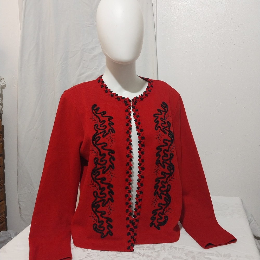 Elegant Red Sweater with Black Embroidery By MELISSA HARPER